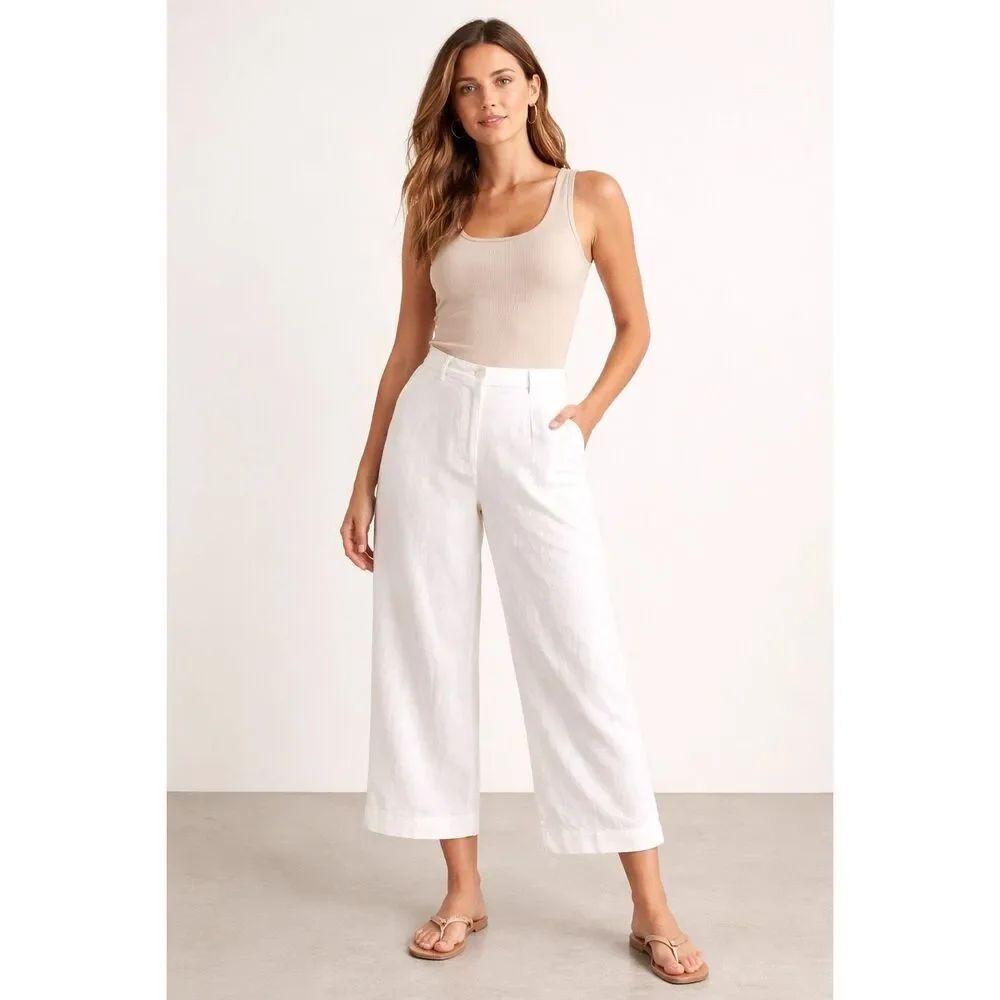 H&M White Linen Blend Wide Leg Cropped Pants Women’s US 6 EUR 36